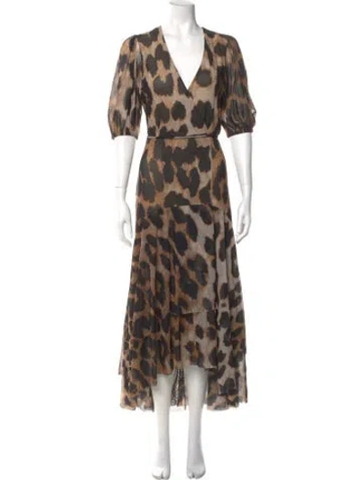 Pre-owned Ganni Animal Print Long Dress In Brown