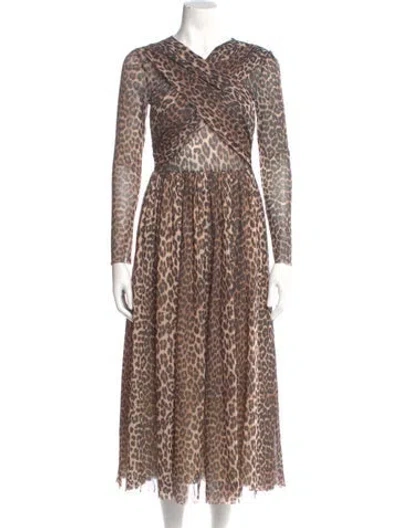 Pre-owned Ganni Animal Print Long Dress In Brown