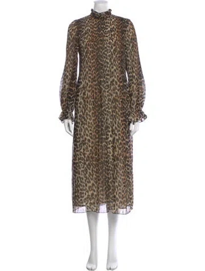 Pre-owned Ganni Animal Print Long Dress In Brown