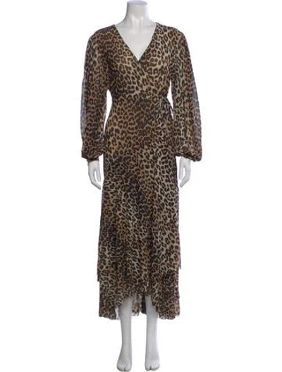 Pre-owned Ganni Animal Print Long Dress In Brown