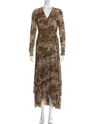 Pre-owned Ganni Animal Print Long Dress In Brown