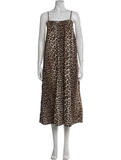 Pre-owned Ganni Animal Print Long Dress In Brown