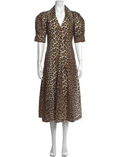 Pre-owned Ganni Animal Print Long Dress In Brown