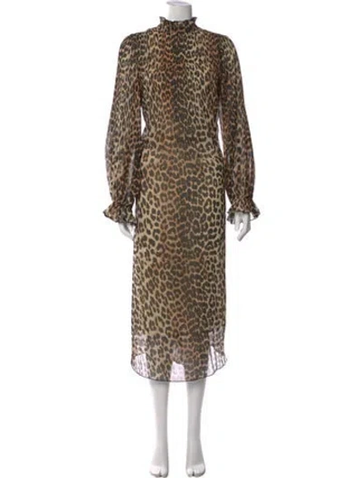 Pre-owned Ganni Animal Print Long Dress In Neutral