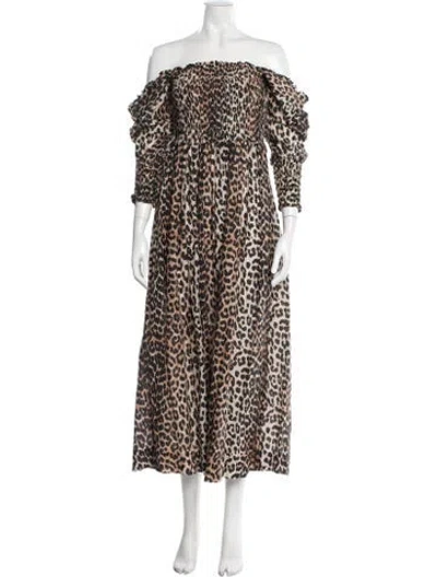 Pre-owned Ganni Animal Print Long Dress In Neutral