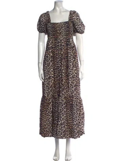 Pre-owned Ganni Animal Print Long Dress In Neutrals