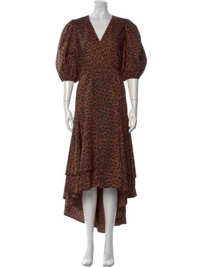 Pre-owned Ganni Animal Print Long Dress W/ Tags In Brown