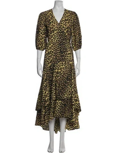 Pre-owned Ganni Animal Print Long Dress In Yellow