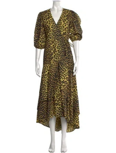 Pre-owned Ganni Animal Print Long Dress In Yellow