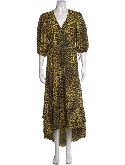 Pre-owned Ganni Animal Print Long Dress In Yellow
