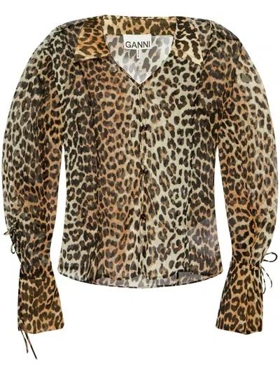 Ganni Animal-print Long-sleeve Blouse In Multi