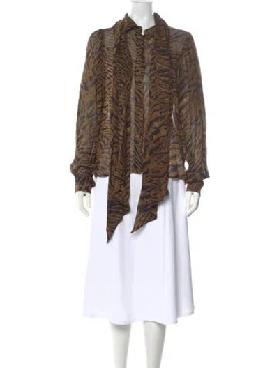 Pre-owned Ganni Animal Print Long Sleeve Blouse In Brown