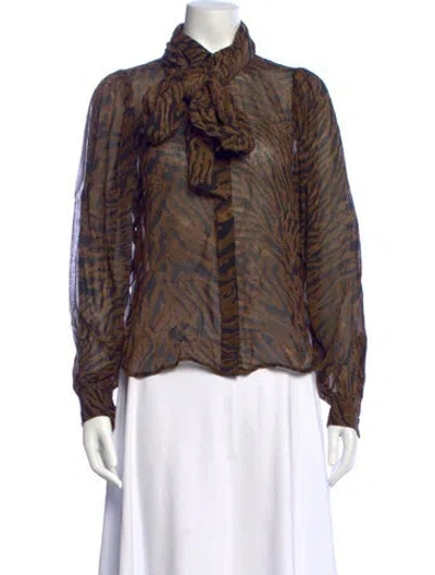 Pre-owned Ganni Animal Print Long Sleeve Blouse In Brown