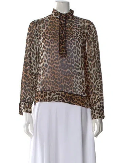 Pre-owned Ganni Animal Print Long Sleeve Blouse In Neutral