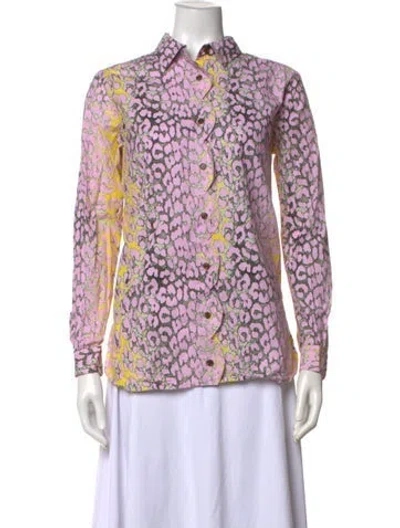 Pre-owned Ganni Animal Print Long Sleeve Button-up Top In Multicolor