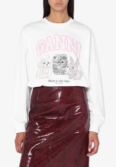 Ganni Animal Print Long-sleeved T-shirt In White