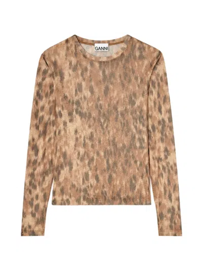 Ganni Animal Print Long-sleeved Top In Neutral