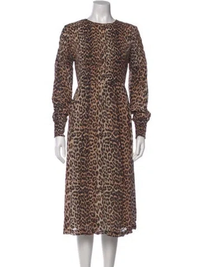 Pre-owned Ganni Animal Print Midi Length Dress In Black