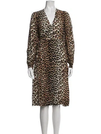 Pre-owned Ganni Animal Print Midi Length Dress In Black