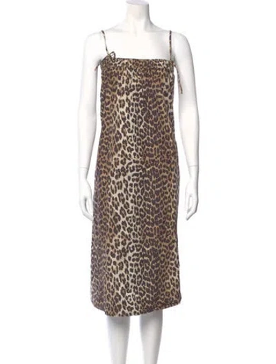 Pre-owned Ganni Animal Print Midi Length Dress In Brown