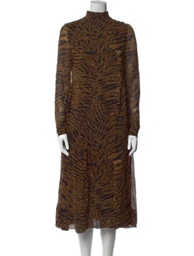 Pre-owned Ganni Animal Print Midi Length Dress In Brown