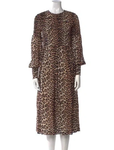 Pre-owned Ganni Animal Print Midi Length Dress In Brown