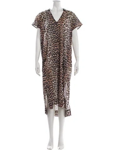 Pre-owned Ganni Animal Print Midi Length Dress In Brown