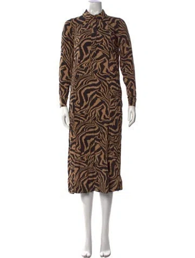 Pre-owned Ganni Animal Print Midi Length Dress In Brown