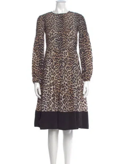Pre-owned Ganni Animal Print Midi Length Dress In Brown