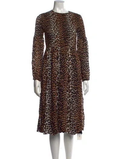 Pre-owned Ganni Animal Print Midi Length Dress In Brown