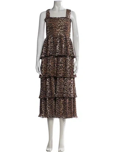 Pre-owned Ganni Animal Print Midi Length Dress In Neutral