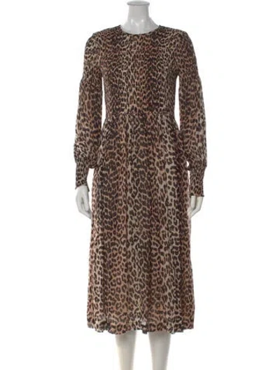 Pre-owned Ganni Animal Print Midi Length Dress In Neutral
