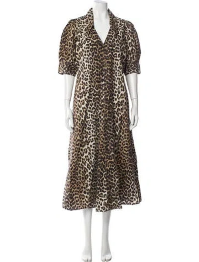 Pre-owned Ganni Animal Print Midi Length Dress In Neutral