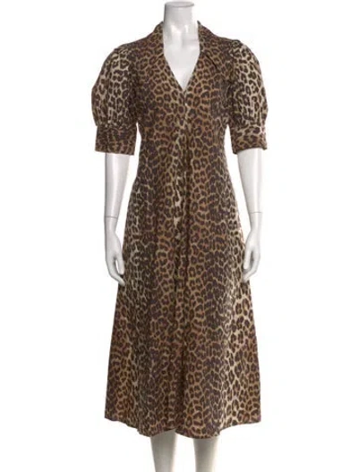 Pre-owned Ganni Animal Print Midi Length Dress In Neutral