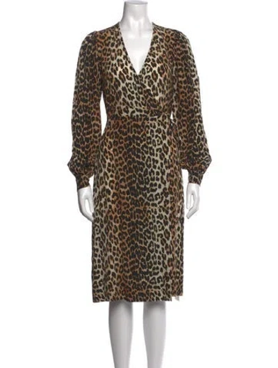 Pre-owned Ganni Animal Print Midi Length Dress In Neutral