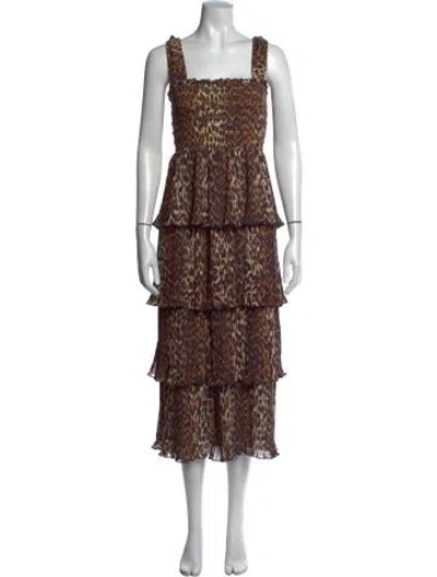 Pre-owned Ganni Animal Print Midi Length Dress In Neutral