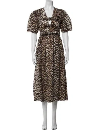 Pre-owned Ganni Animal Print Midi Length Dress In Neutral