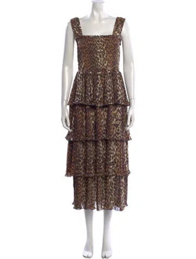 Pre-owned Ganni Animal Print Midi Length Dress In Neutral