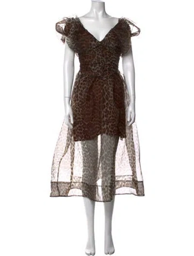 Pre-owned Ganni Animal Print Midi Length Dress W/ Tags In Brown