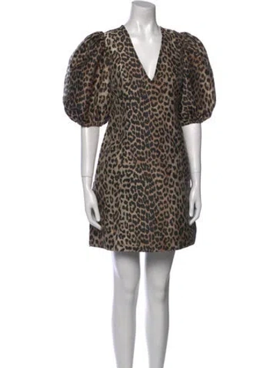 Pre-owned Ganni Animal Print Mini Dress In Black