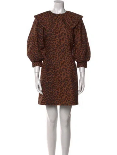 Pre-owned Ganni Animal Print Mini Dress In Brown