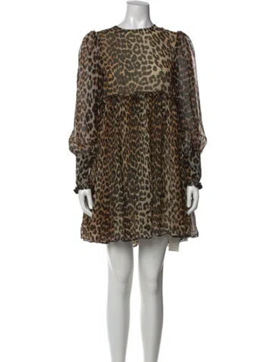 Pre-owned Ganni Animal Print Mini Dress In Brown