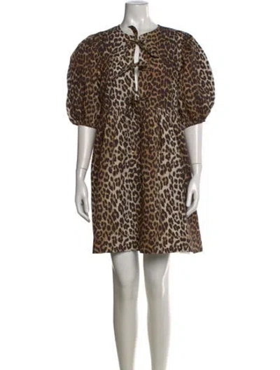 Pre-owned Ganni Animal Print Mini Dress In Brown