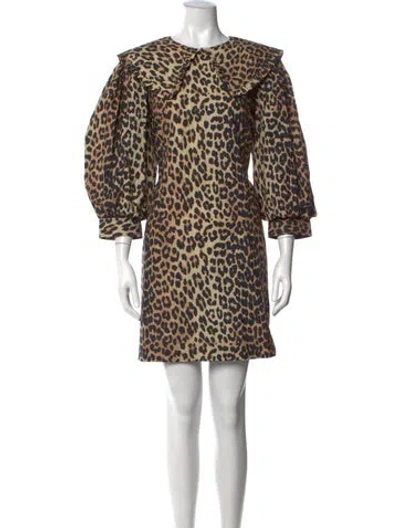Pre-owned Ganni Animal Print Mini Dress In Brown