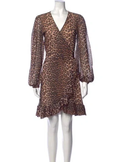 Pre-owned Ganni Animal Print Mini Dress In Brown
