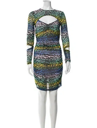Pre-owned Ganni Animal Print Mini Dress In Green