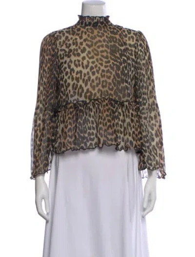 Pre-owned Ganni Animal Print Mock Neck Blouse In Brown