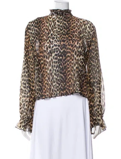 Pre-owned Ganni Animal Print Mock Neck Blouse In Multi