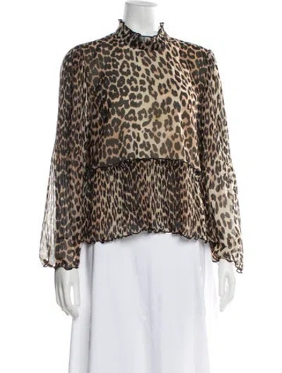 Pre-owned Ganni Animal Print Mock Neck Blouse In Neutral