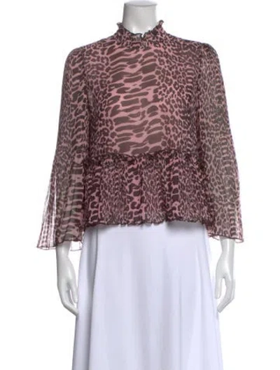 Pre-owned Ganni Animal Print Mock Neck Blouse In Pink